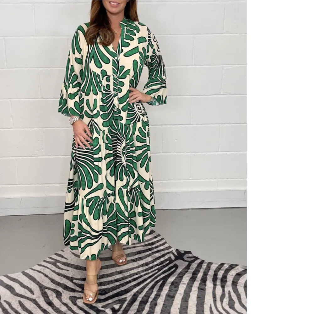 

Summer Casual Loose Long Dress Women Fashion Print V Neck Flare Sleeve Beach Holiday Dresses For Women Elegant Party Dress Robe