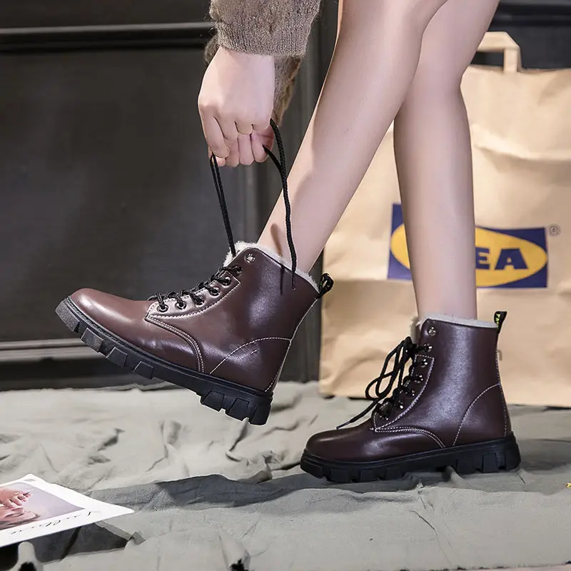 Leather Booties Warm Footwear Women's Snow Boots Boot Low Black Short Barrel Shoe Shoes for Women Winter 2023 Padded Leather Fur