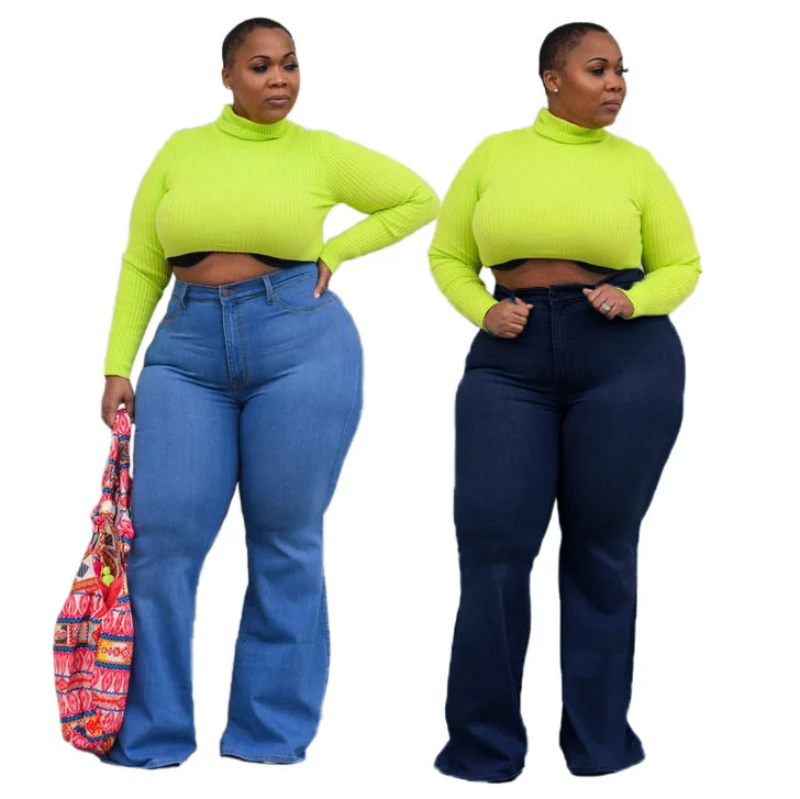 

5XL Fashion Skinny Straight Flare Denim Pants Plus Size Women Clothing Light Deep Blue Jeans