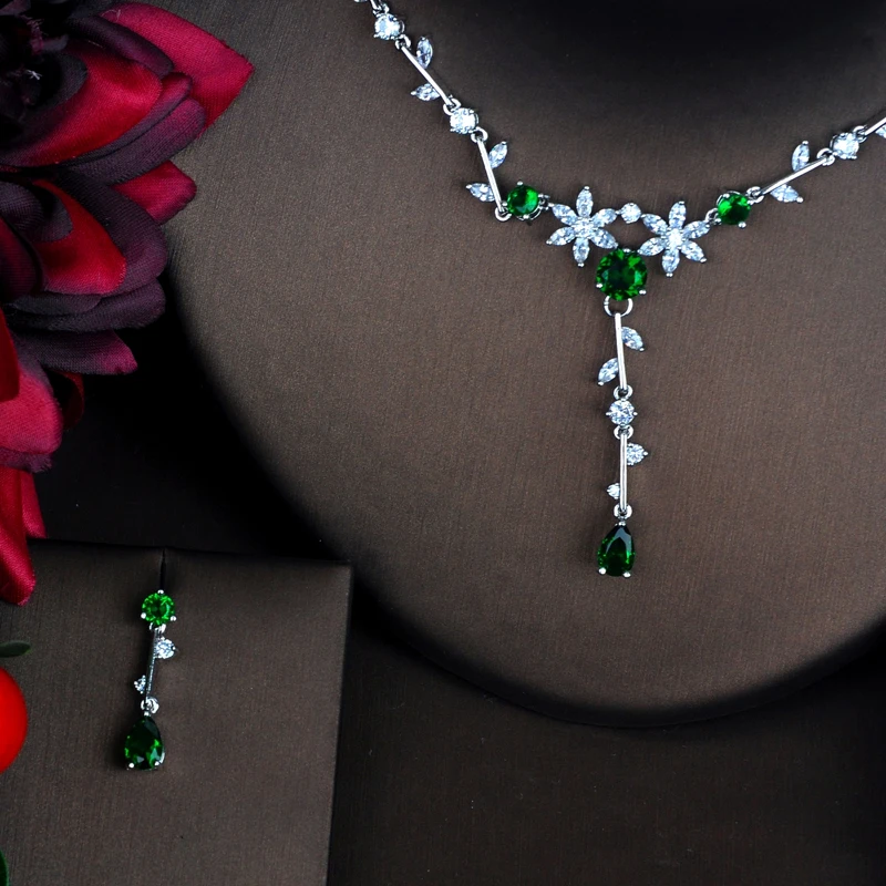 

Fashion Newly Green Color Jewelry Sets Luxury Sparkling Cubic Zircon Wedding Earrings Necklace Jewelry Sets Heavy Dinner N-493
