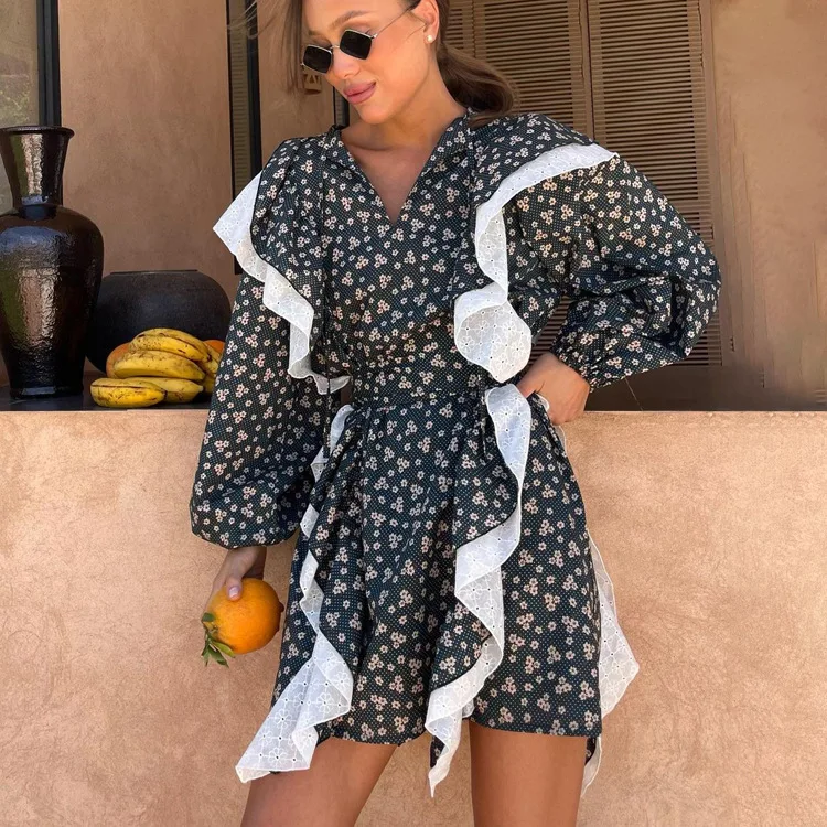 

Женское Цветочное платье с V-образным вырезом, длинное повседневное ТРАПЕЦИЕВИДНОЕ короткое платье с пышными рукавами и узкой талией, элегантный пуловер на шнуровке, Новинка лета 2023