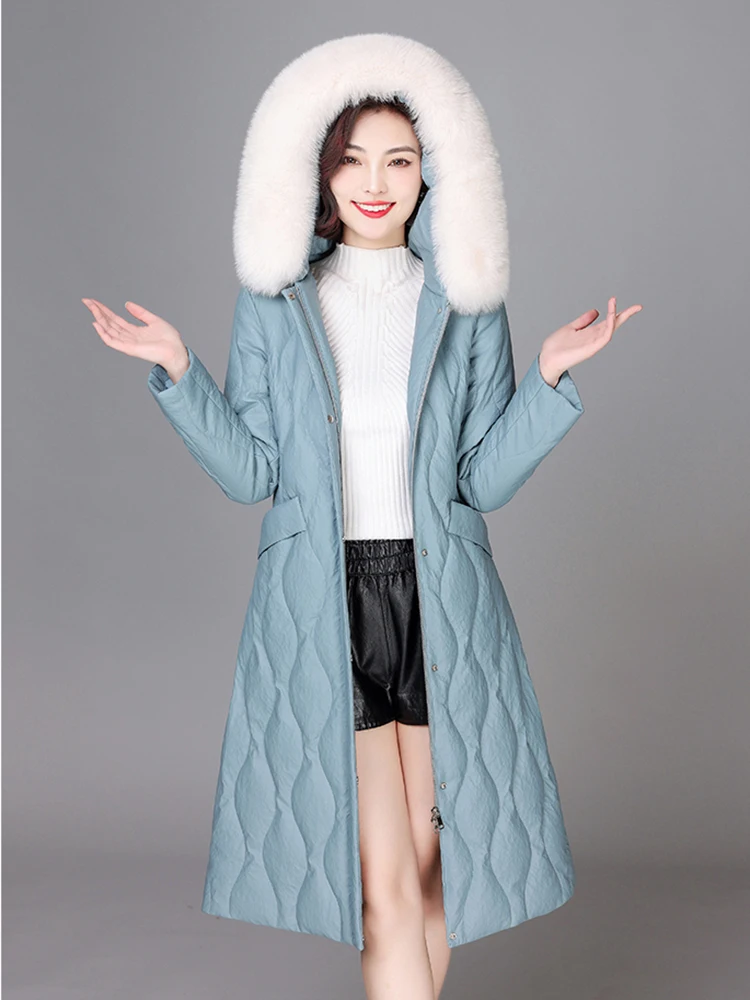 New Women Sheep Leather Down Coat Winter Casual Warm Real Fox Fur Collar Long Leather Down Coats Loose Thick Hooded Outerwear