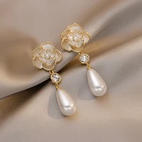 coconal women trendy luxury camellia flower zircon stud earrings pearl drop earring femme wedding pendante chic jewelry gift
