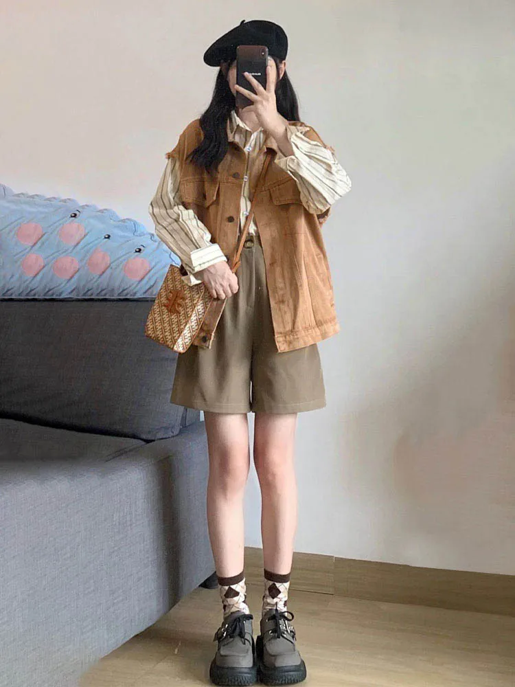 

Three Piece Sets Womens Outifits Sweet Denim Vest Striped Shirt Fashion Solid Womans Clothes for 2022 Autumn/Winter Skirt Sets