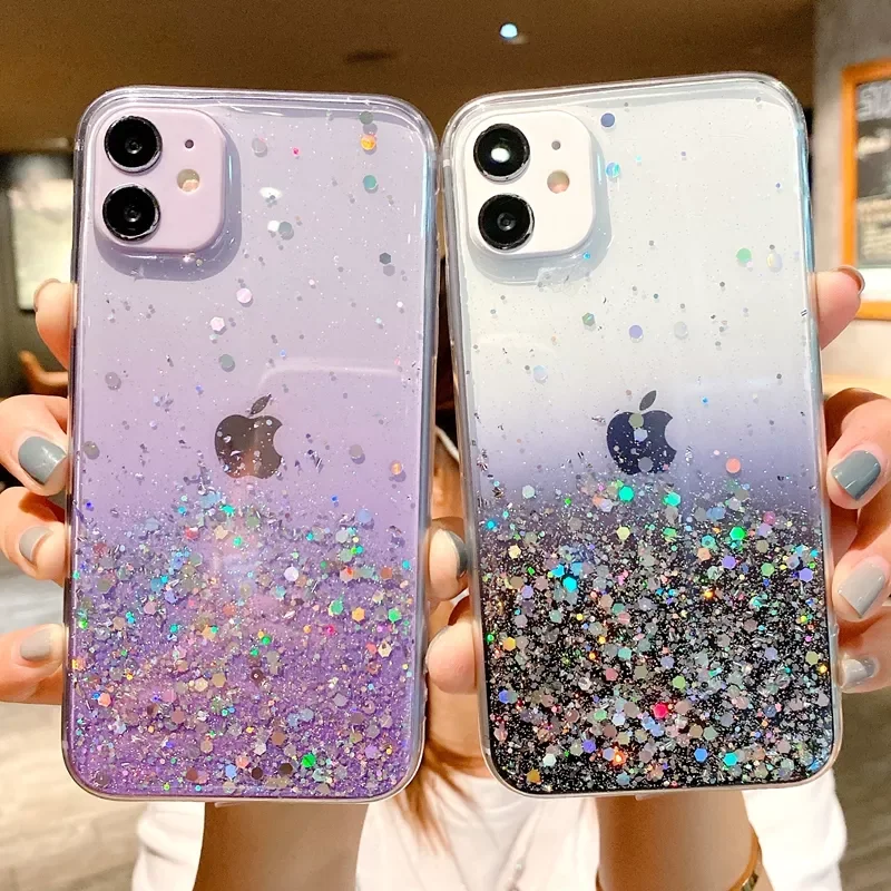 

Free Shipping For iPhone 11 12 13 Pro Max XS X XR 7 8 Plus SE 2020 Mini Soft Bumper Back Cover Glitter Transparent Phone Case