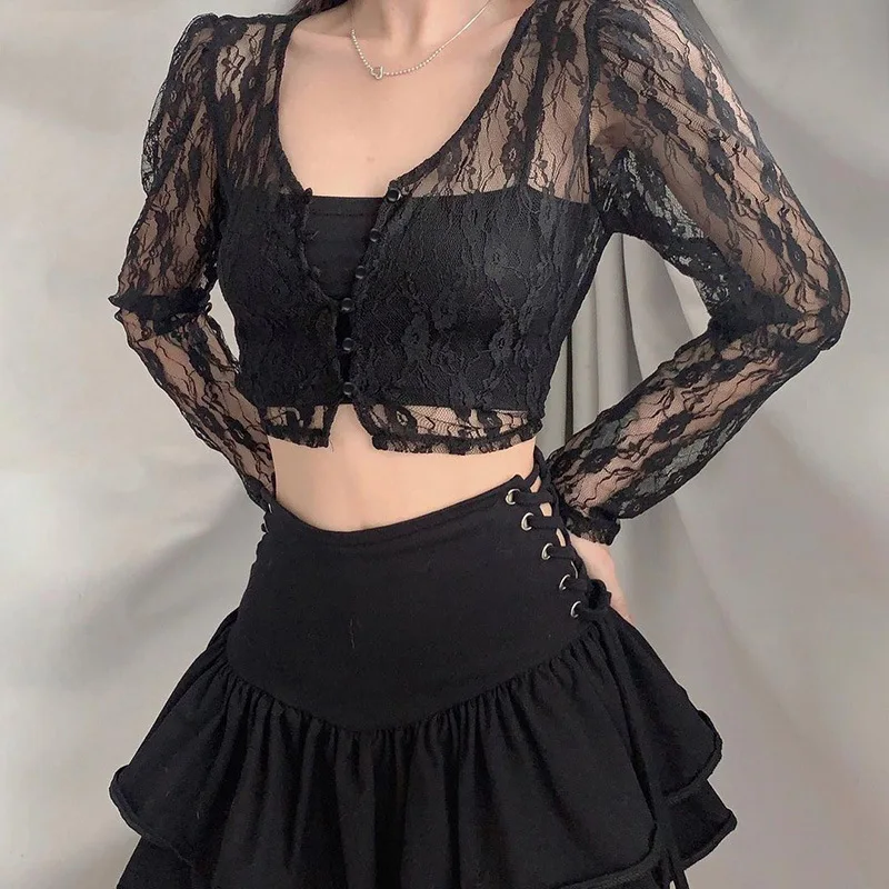 

Fashion Spring Summer Women Bustier Lace Tshirts V Neck Long Sleeve Transparent Office Lady Top Sexy Elegant High Street T-shirt