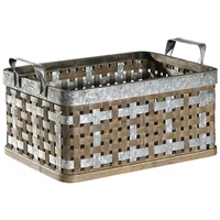 square galvanized silver metal woven storage basket with handle retro rustic farmhouse industrial style home decor