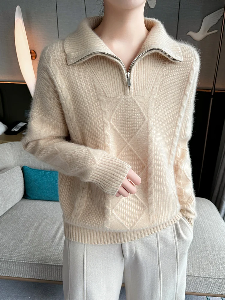 Утепленный кашемировый свитер Baby Hill в стиле ретро женский вязаный с полумолнией