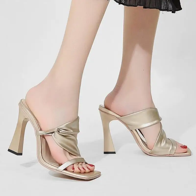 

Women Party Shoes Summer High Heels Large Size Fish Mouth Fashion Pleated Gold Solid Stiletto Ladies Sandal Zapatos De Mujer