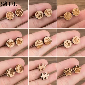 SMJEL Retro Fashion Animal Wooden Earrings for Women Jewelry Wave Print Bee Puzzle Leaf Small Earing in Pakistan