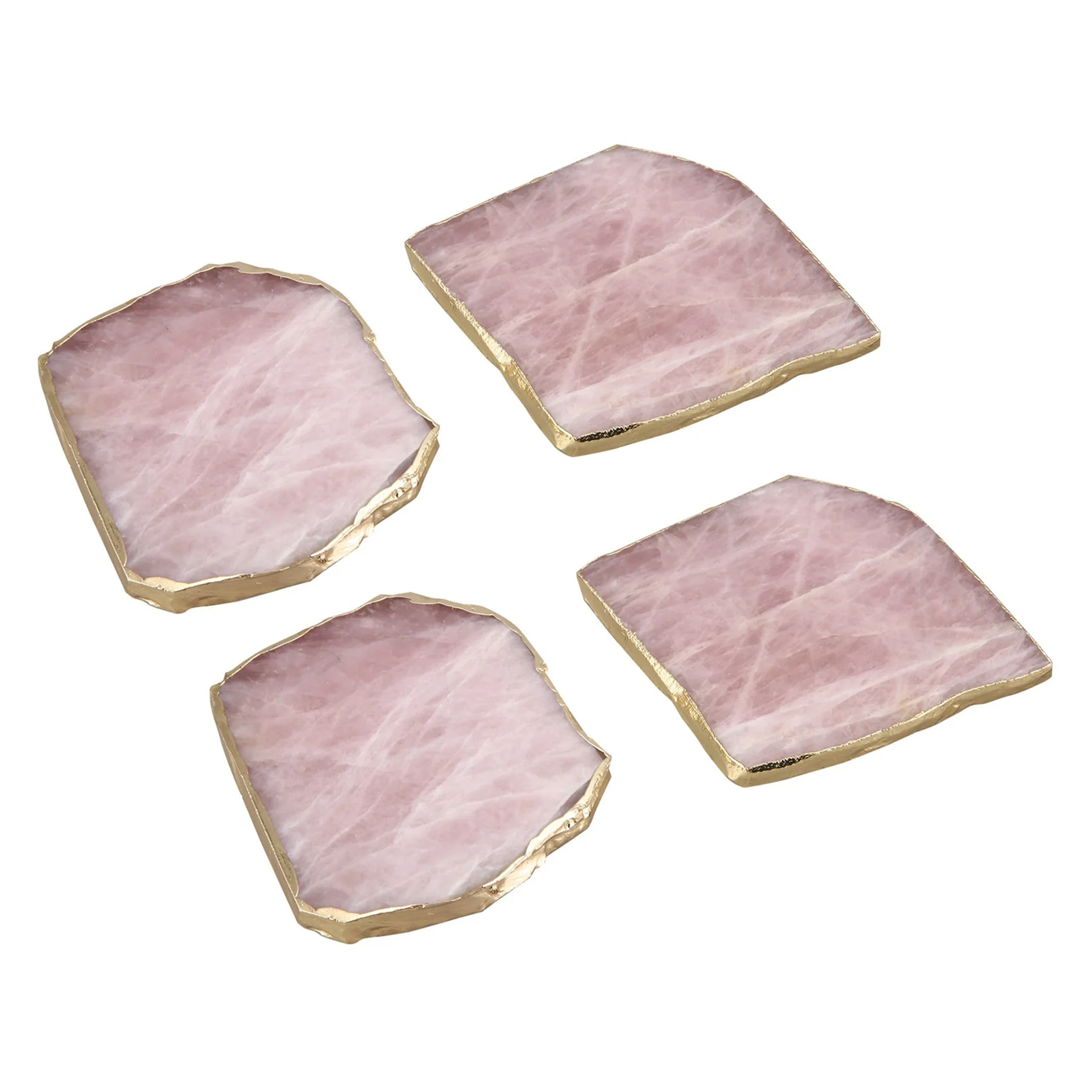 

4Pcs Slice Pink Coaster Teacup Tray Decorative Design Stone Coaster Gold Edges Home Decor Gemstone Coaster