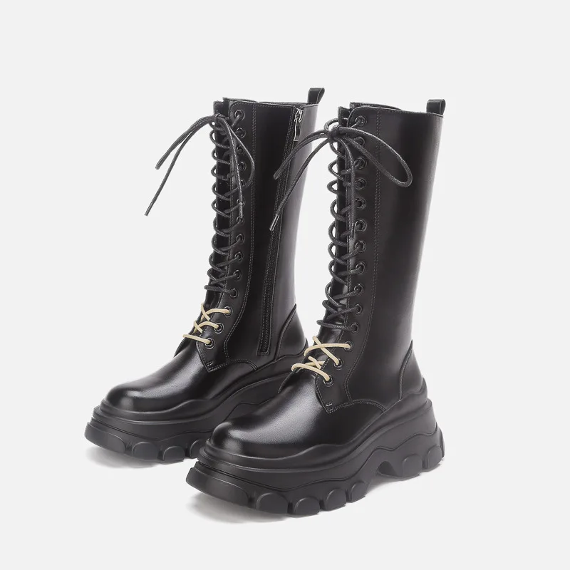 

Женские ботильоны на массивной платформе, сапоги до колена на шнуровке с круглым носком, шикарные мотоциклетные сапоги в стиле INS, новинка 2023