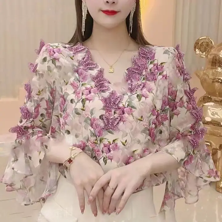 

Printed Chiffon New Fashion Versatile Women's Shirt Design Sense 2023 Short Sleeve V-neck Top