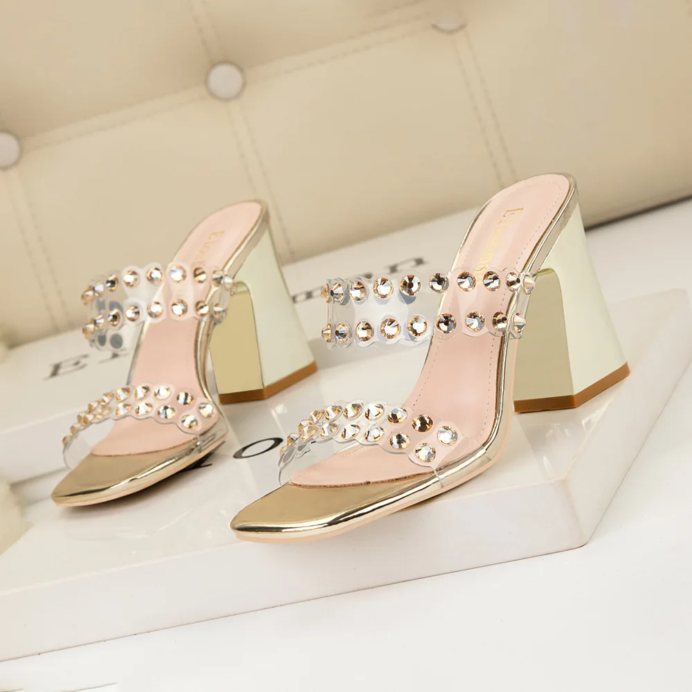 Banquet heels women's shoes block heeled high heel rhinestone slotted strap transparent sandals