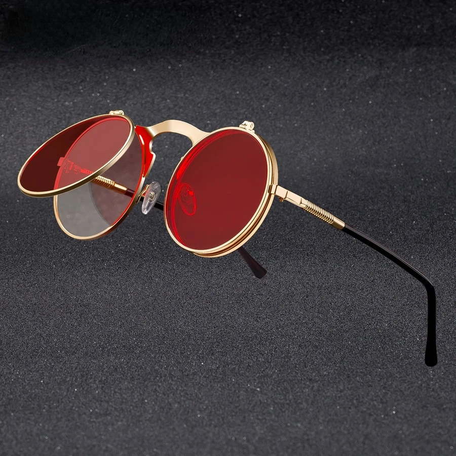 

Vintage Steampunk Flip Sunglasses Retro Round Metal Sun Glasses for Men and Women Brand Designer Circle Oculos