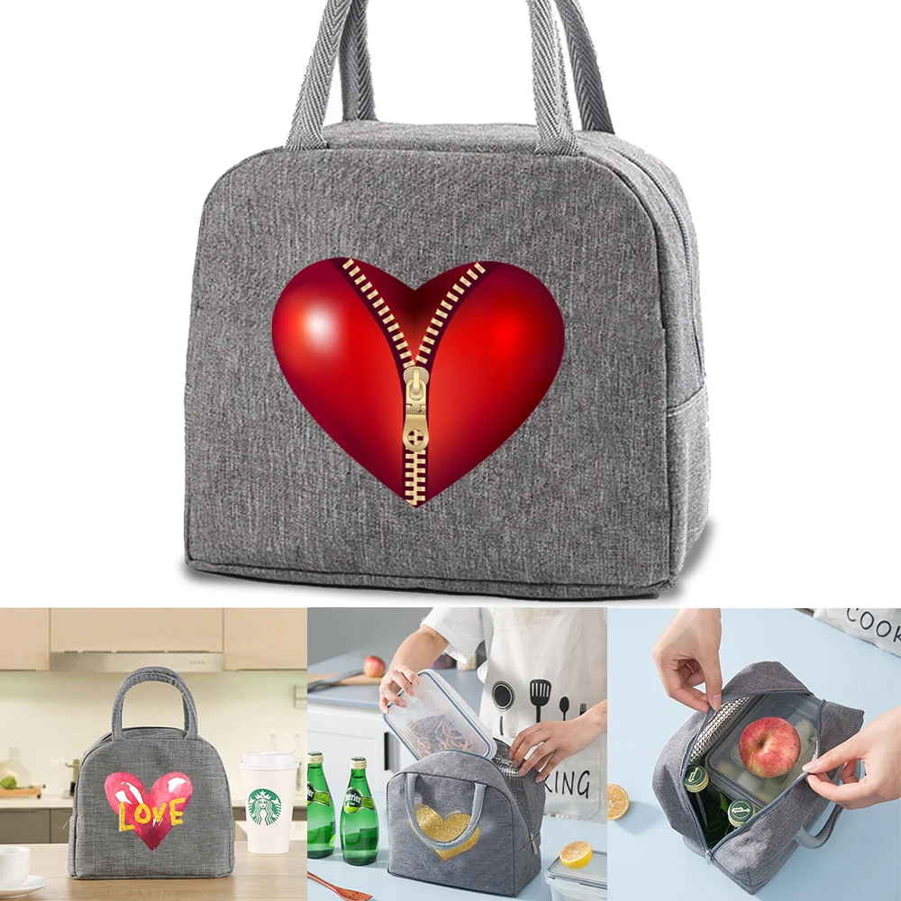 

Lunch Bag Kids Food Thermal Lunch Box Insulated Cooler Bags Women Picnic Organizer Portable Tote Pouch Love Print Canvas Handbag
