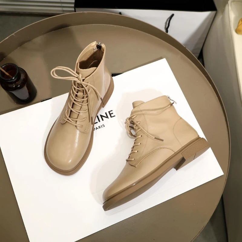 Martin Boots Women's English Style Autumn Gentle Apricot Short Boots Flat Toe Boots Lacing Square Toe Ankle Boots