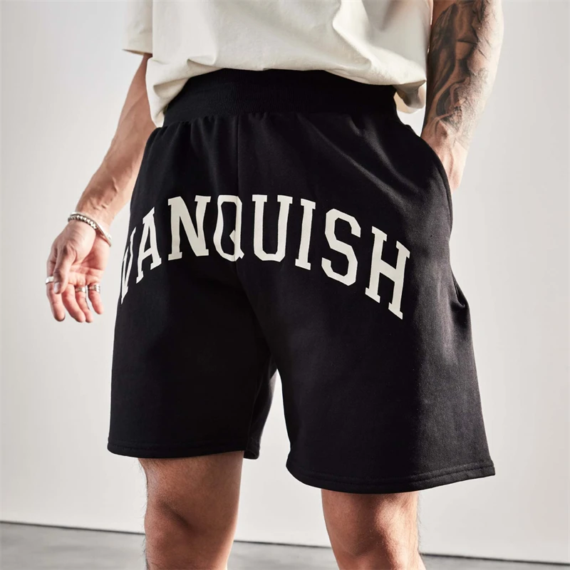 Black casual shorts, summer street clothing, cotton men's shorts, loose quarter pants, jogger printed fashionable sports pants