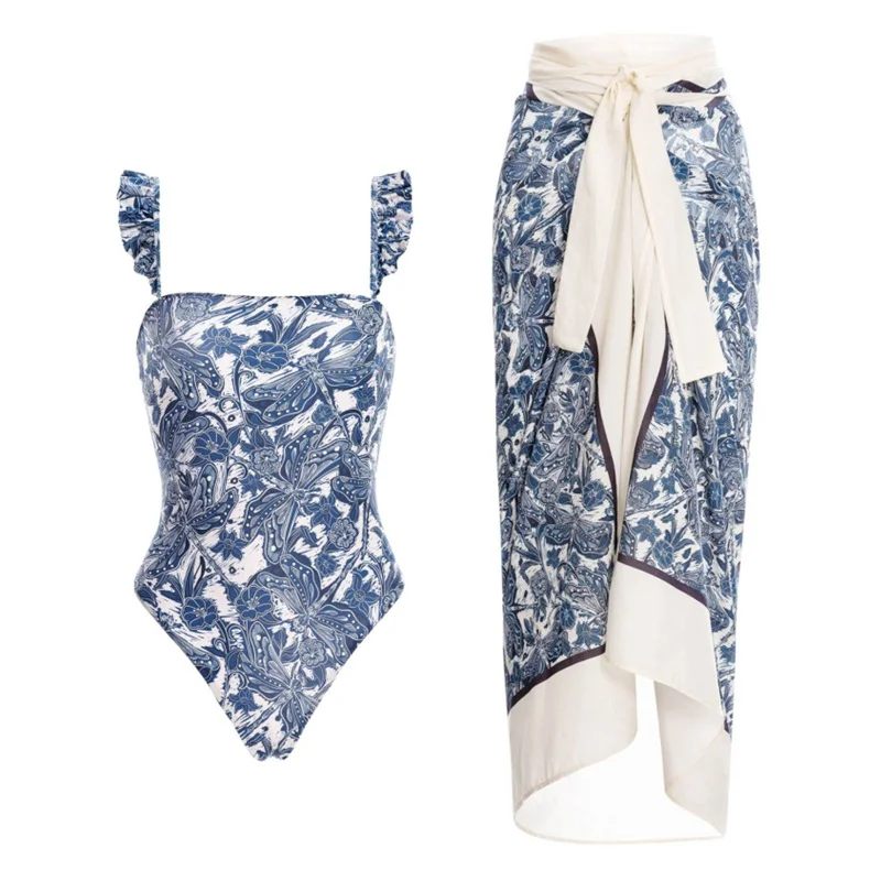 2023 New Holiday Retro Swimsuit Skirt Womem Ruffle Swimwear Female Luxury Chiffon Beach Dress Cover Up Floral Print Bathing Suit
