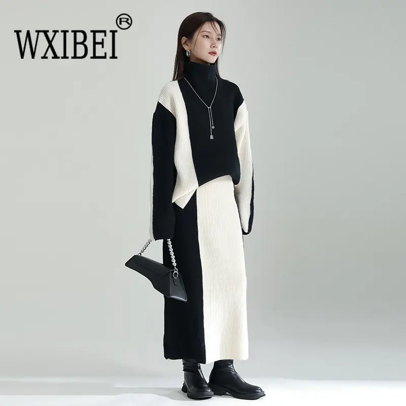 WXIBEI 2022 New Hit Color Stitching Sweater Skirt Sets For Women Autumn Winter High-neck Long Sleeve Knitted Top Two-piece FC255