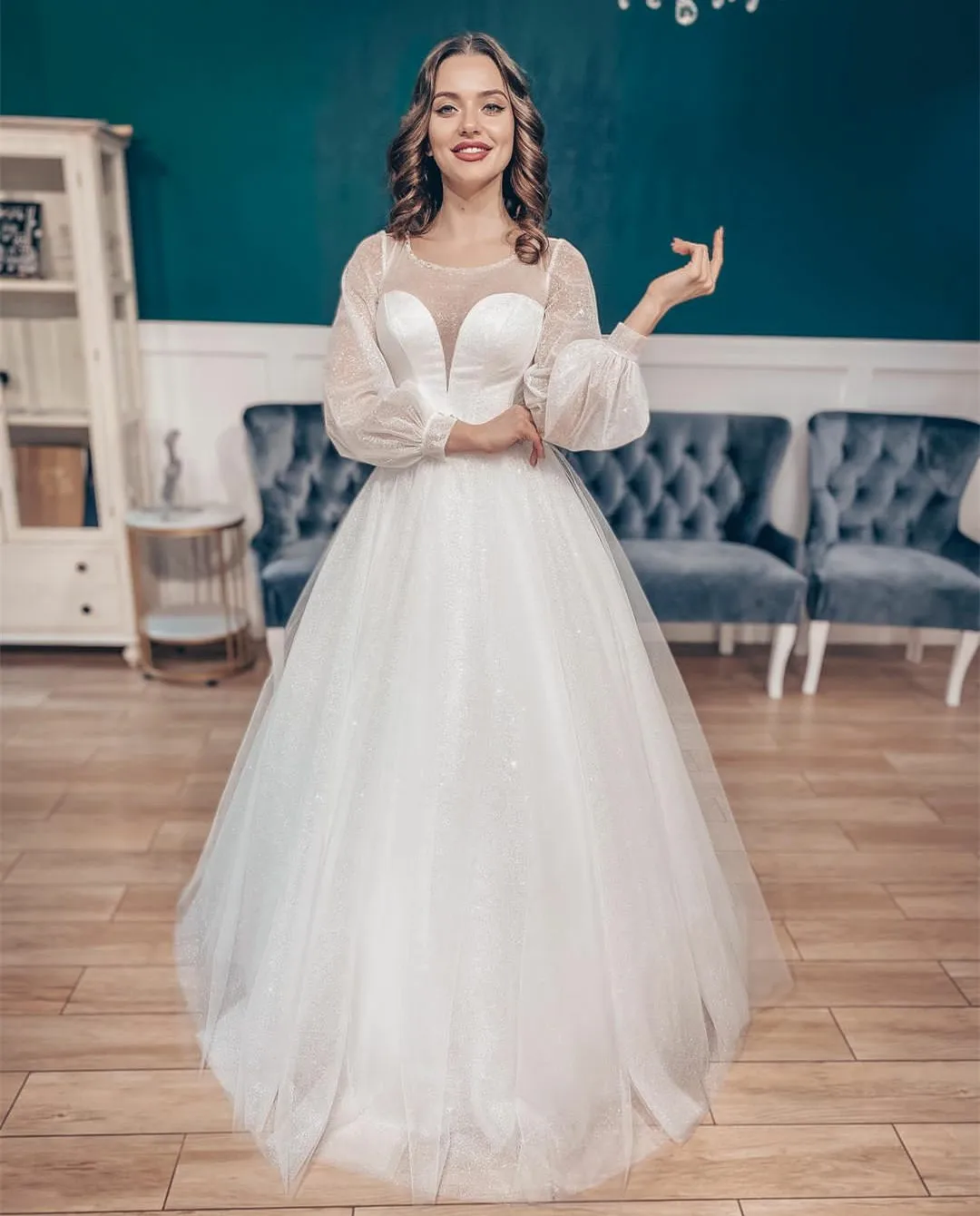 

Женское блестящее свадебное платье, элегантное Тюлевое ТРАПЕЦИЕВИДНОЕ ПЛАТЬЕ С Длинным Рукавом, длиной до пола, с иллюзией на спине