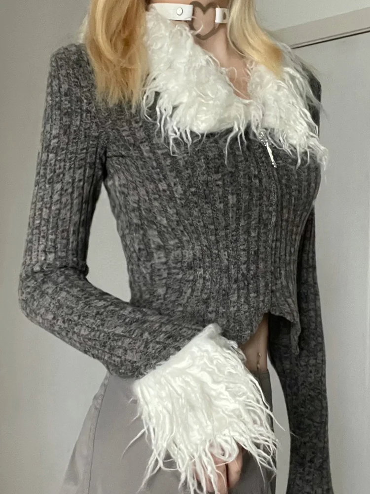 SUCHCUTE Y2K Sweet Faux Fur Collar And Cuffs Patchwork Sweater Cardigans Women Grunge Fall Winter Zip Up Gray Bodycon Sweaters