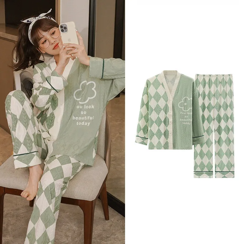 Women's Pajama Spring Autumn Long Sleeve Cardigan Trousers Set Simple Ladies Two-Piece Suit Plus Size Nightwear Home Clothes