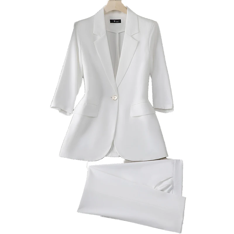 

Female Spring Pant Suit Women White Green Black Business Work Wear Formal 2 Piece Set Gold Button Blazer For Office Ladies