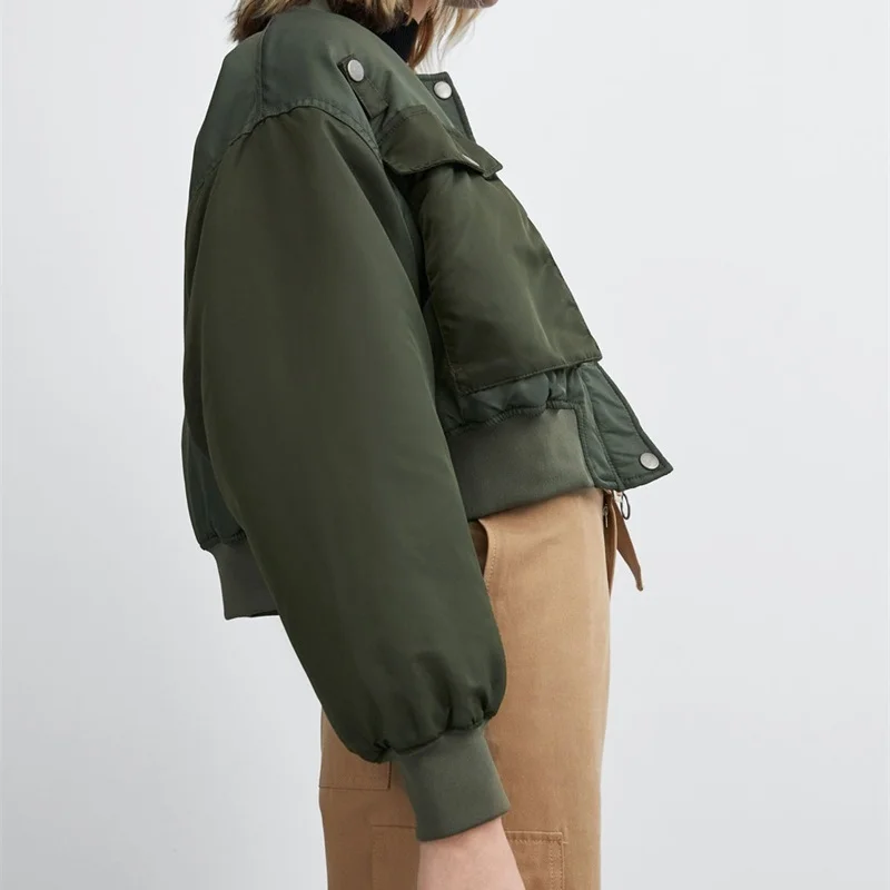 ZXQJ Women Fashion Basic Loose Padded Bomber Jacket Coat Vintage Long Sleeve Zipper Warm Female Outerwear Chic Tops