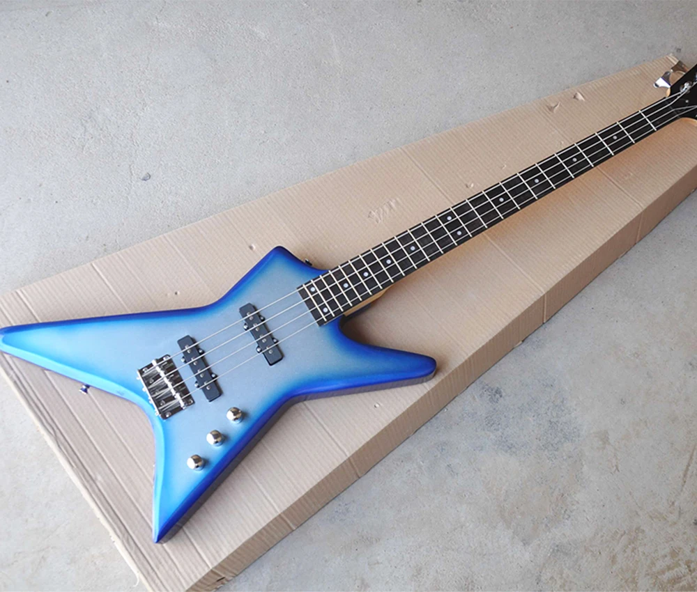 Сияющий синий 4-струнный электрический бас с 24 ладами подставка из розового