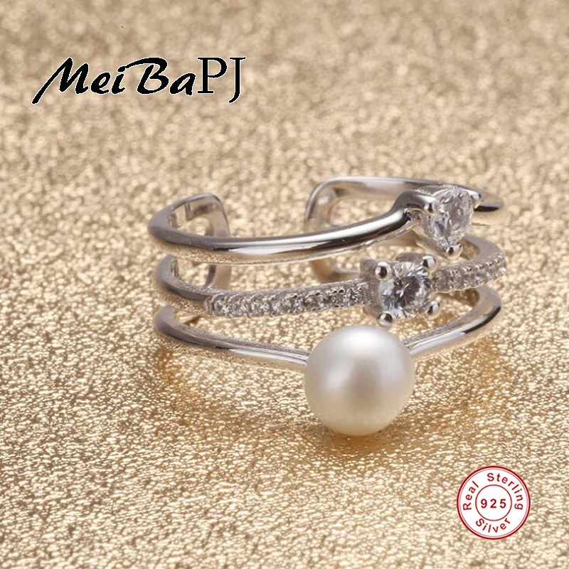 

[MeiBaPJ]AAAA zircon ring Real Pure Silver S925 Women Ring Elegant Luxury Perfectly semiround Freshwater pearl flower ring
