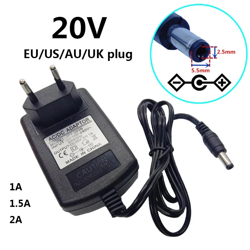 

20V1A AC to DC Power Adapter Supply 20V 1A 1.5A 2A 100V-240V Adaptor Converter 20 Volt 1000mA 5.5x2.1-2.5mm EU US UK AU Plug