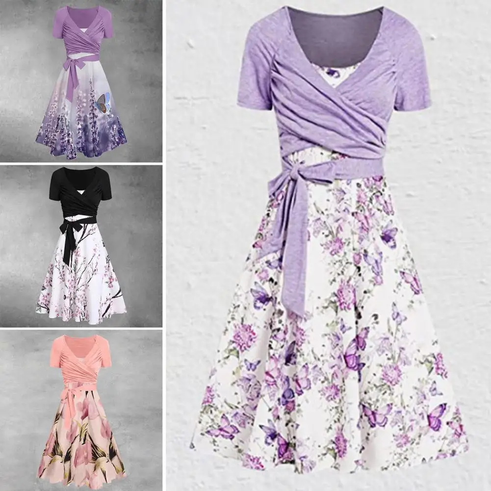 

Spring New Flower Leaf Print Midi Cami Dress And Long Sleeve Heather Crossover Tied Cropped Top Outfit Vestidos De Fiesta