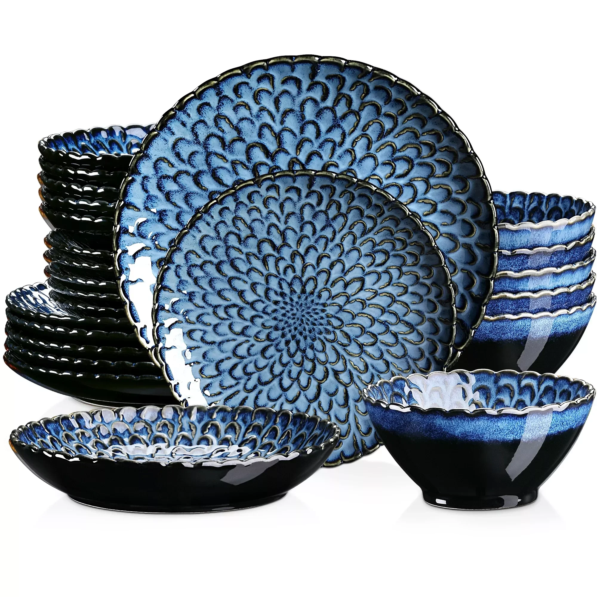 

Chrys Blue Dinner Set 24/48 Piece Stoneware Dinnerware Chrysanthemum Textured Ceramic Combination Set Service for 6/12