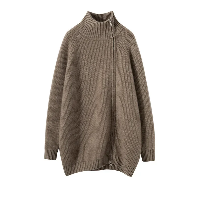 Утолщенный вязаный кардиган-поло из 100% шерсти с воротником-поло/черепашковым