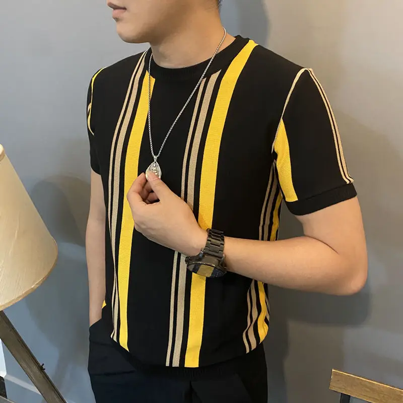 Qiu dong season round collar stripe sweater man han edition cultivate one's morality short sleeve knit elastic half sleeve head
