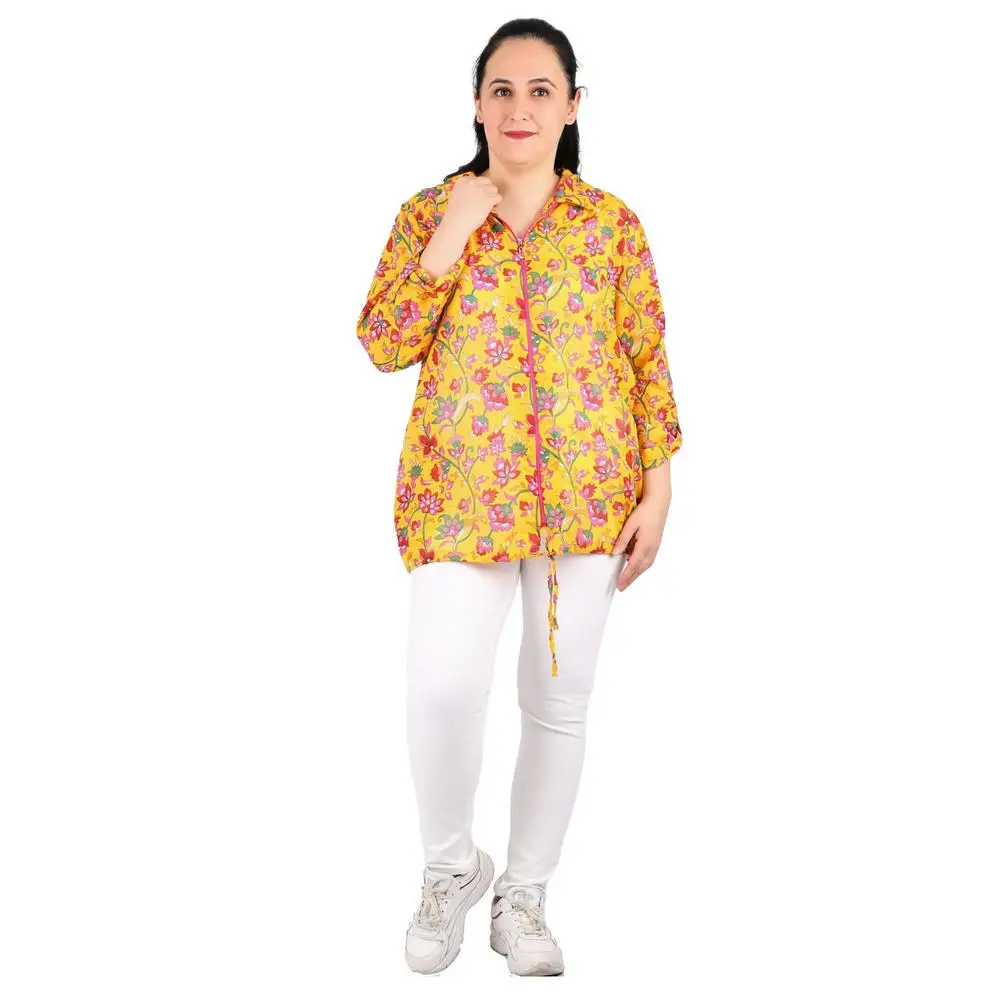 

Женская куртка Fierte Lm23700 большого размера, сезонная застежка-молния, длинный складной рукав, хлопок, цветочный узор, светильник Кая, тонкая, ж...