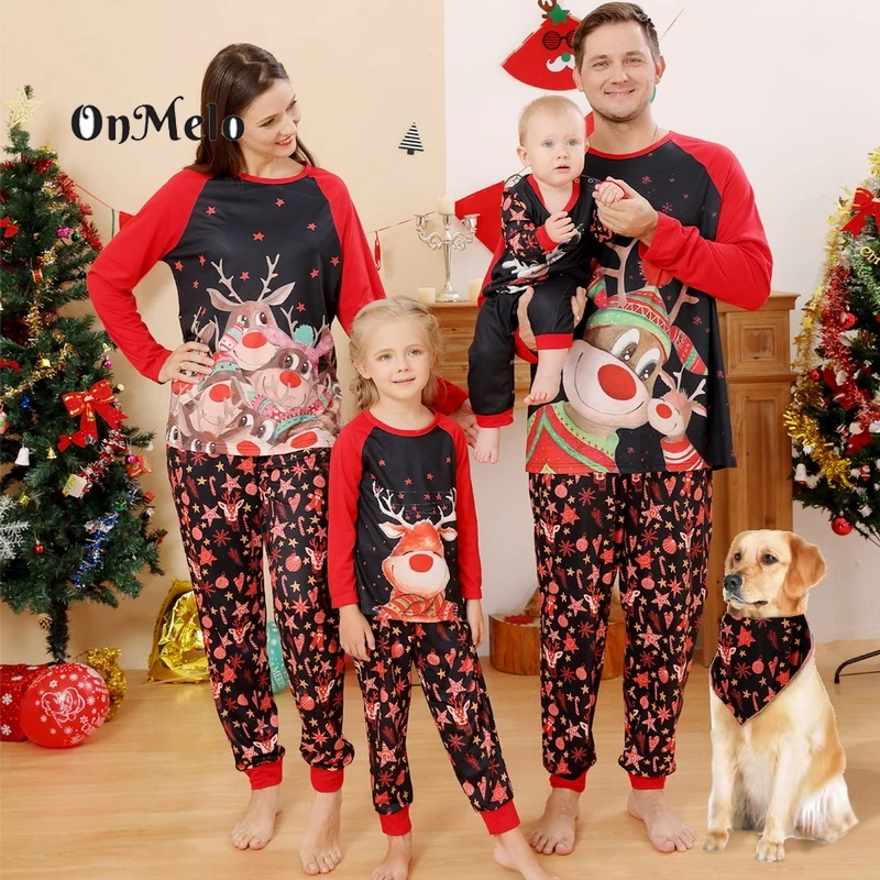 

OnMelo Christmas Family Matching Pajamas Set Elk Print Adults Kids Baby Dog Sleepwear Soft Pyjamas Xmas Family Look Homewear