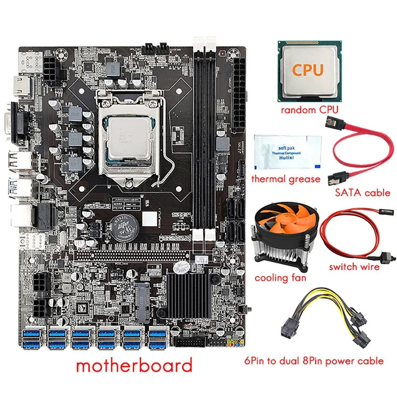 

12 GPU B75 BTC Mining Motherboard+CPU+Fan+Thermal Paste+Power Cable+Switch Cable 12 USB3.0 Slot LGA1155 DDR3 RAM SATA3.0