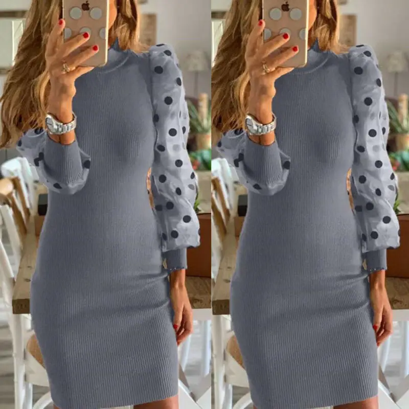 

Fall 2023 New Women's Fashion Net Yarn Flocking Stitching Knitted Bodycon Sweater Dress Long Puff Sleeve Pit Strip Dress