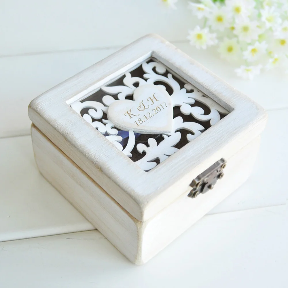 

Personalized Rustic Wedding Ring Bearer Box Shabby Chic Ring Box Wooden Engagement Box Jewelry Holder Alternative Heart Ring Box