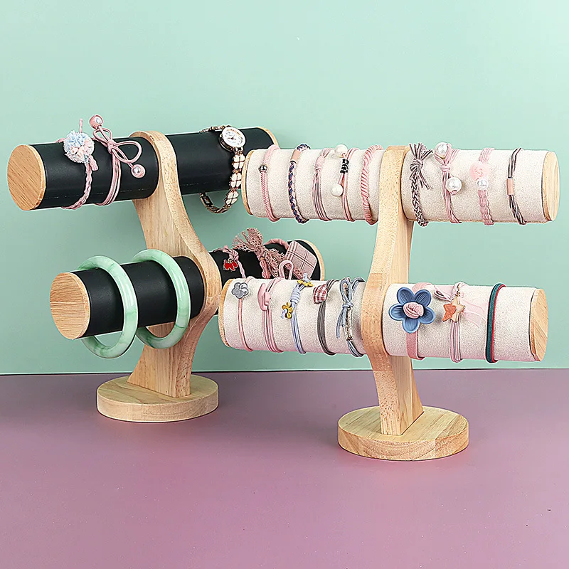 Solid Wood Jewelry Rack Two-Layer Hair Accessories Long Chain Bracelet Necklace Display Storage Rack Display Props Watch Bracket