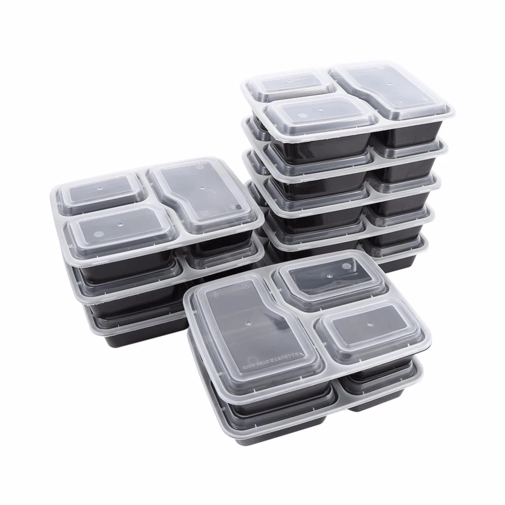 

10 Pcs Plastic Reusable Bento Box Meal Storage Food Prep Lunch Box 3 Compartment Reusable Microwavable Containers Home Lunchbox