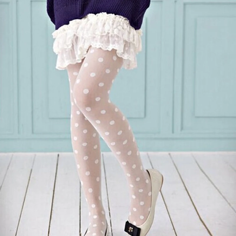 Womens Vintage Big Polka Dot Patterned Tights Sexy Silky Transparent Slim Pantyhose Stretchy Mesh Lingerie Stockings