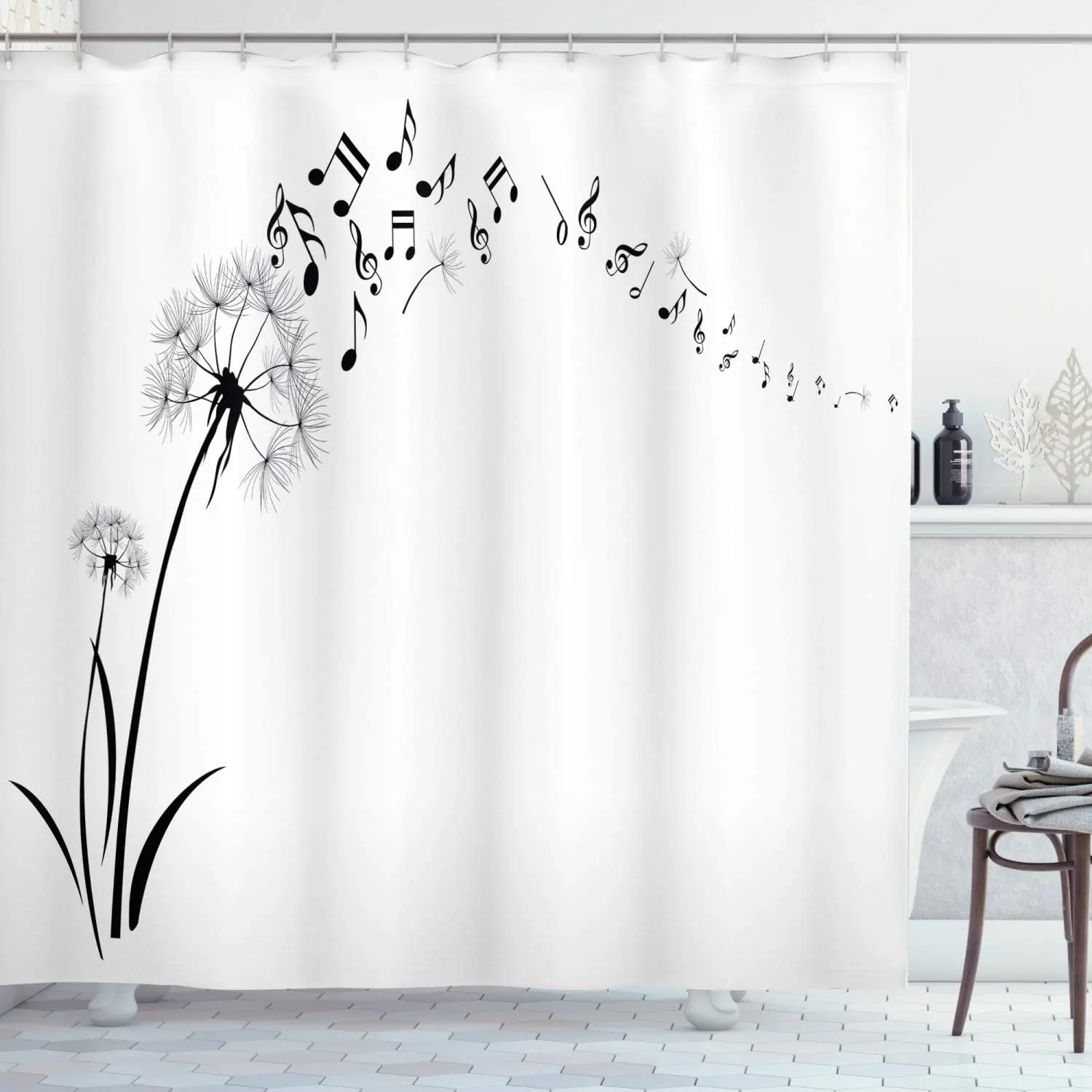 

Music Shower Curtain Flying Dandelions with Notes Music Summer Spring Meadow Silhouette Softness Simple Fabric Bathroom Decor