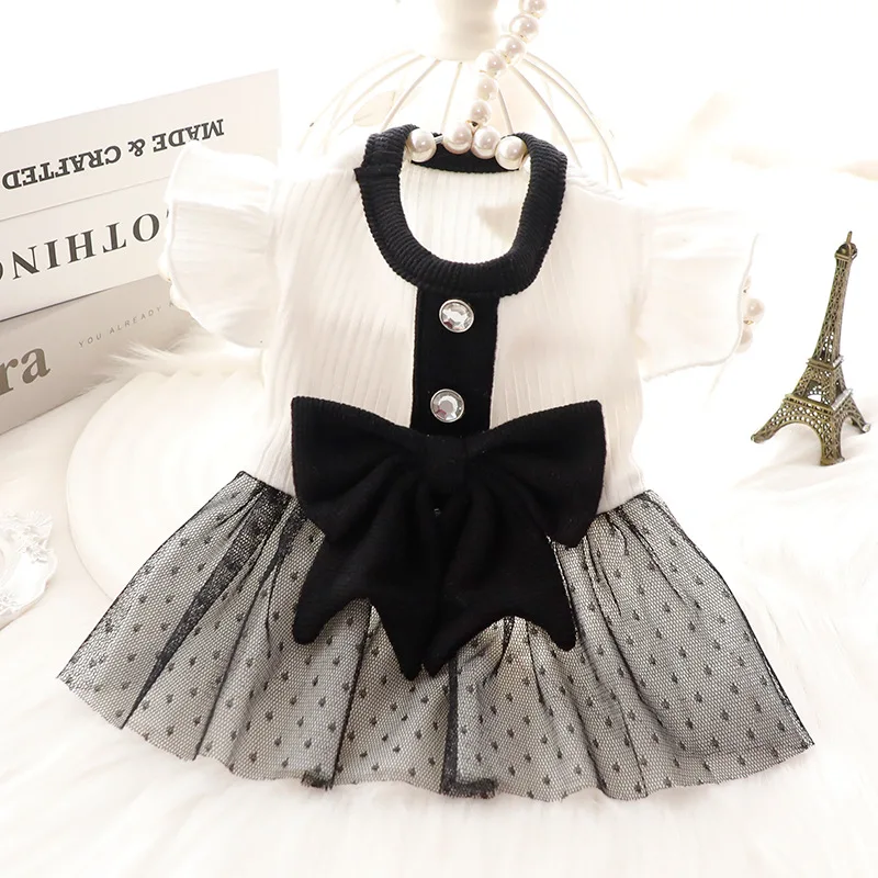 

Классическое черно-белое платье, одежда для собак, кружевная сетчатая юбка с бантом, одежда для маленьких собак, кошек, корейская мода, летняя Милая продукция для домашних животных