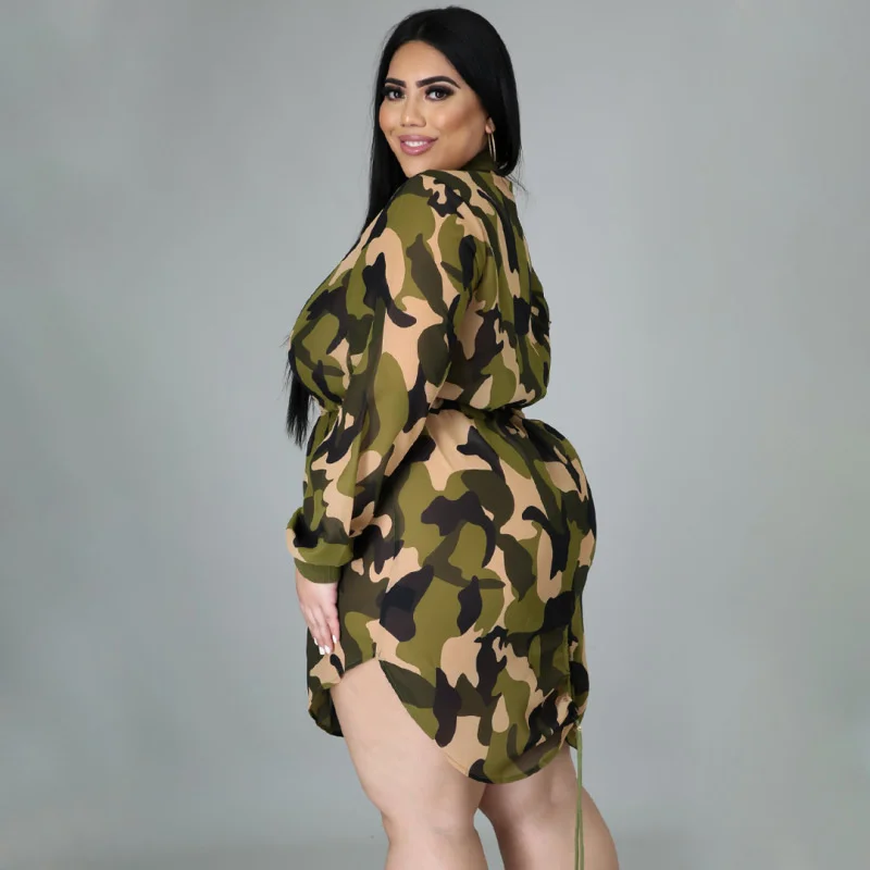 Plus Size New Women's Camouflage Printing Strap Slim Fit Relaxed Fashion Large Size Dress with Waist Clos 3xl 4xl 5xl 6xl