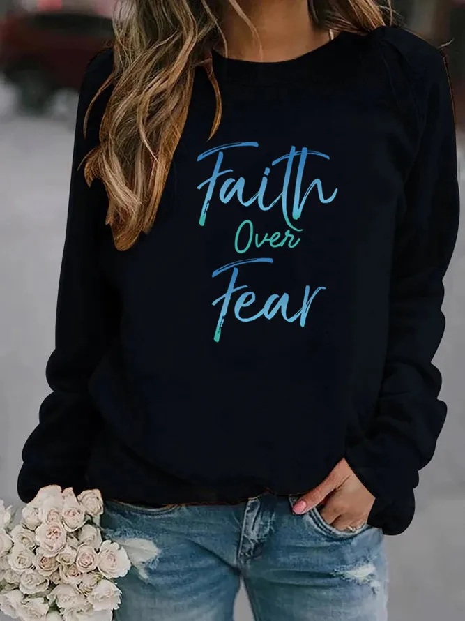 Women Hoodie Faith Over Fear Letter Printed Hoodies Women Fleece Long Sleeve O Neck Loose Sweatshirt Girls Pullovers Winter
