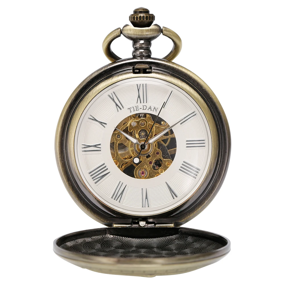 Bronze Double Cover Steampunk Train Display Manual Mechanical Pocket Watch Roman Numerals Dial Vintage Exquisite Pocket Clock