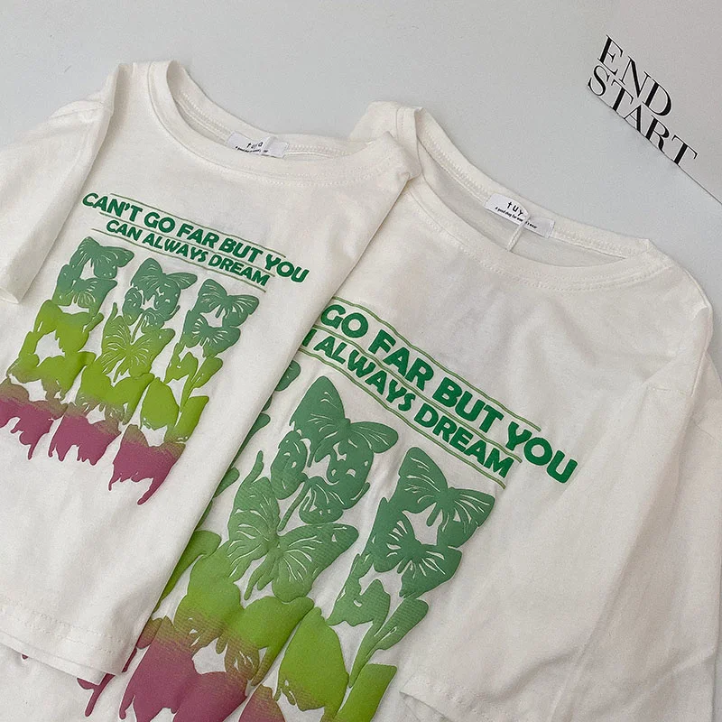 

Gradient Butterfly Printed T Shirt White Summer Short Sleeve Crop Tee Shirt Tops